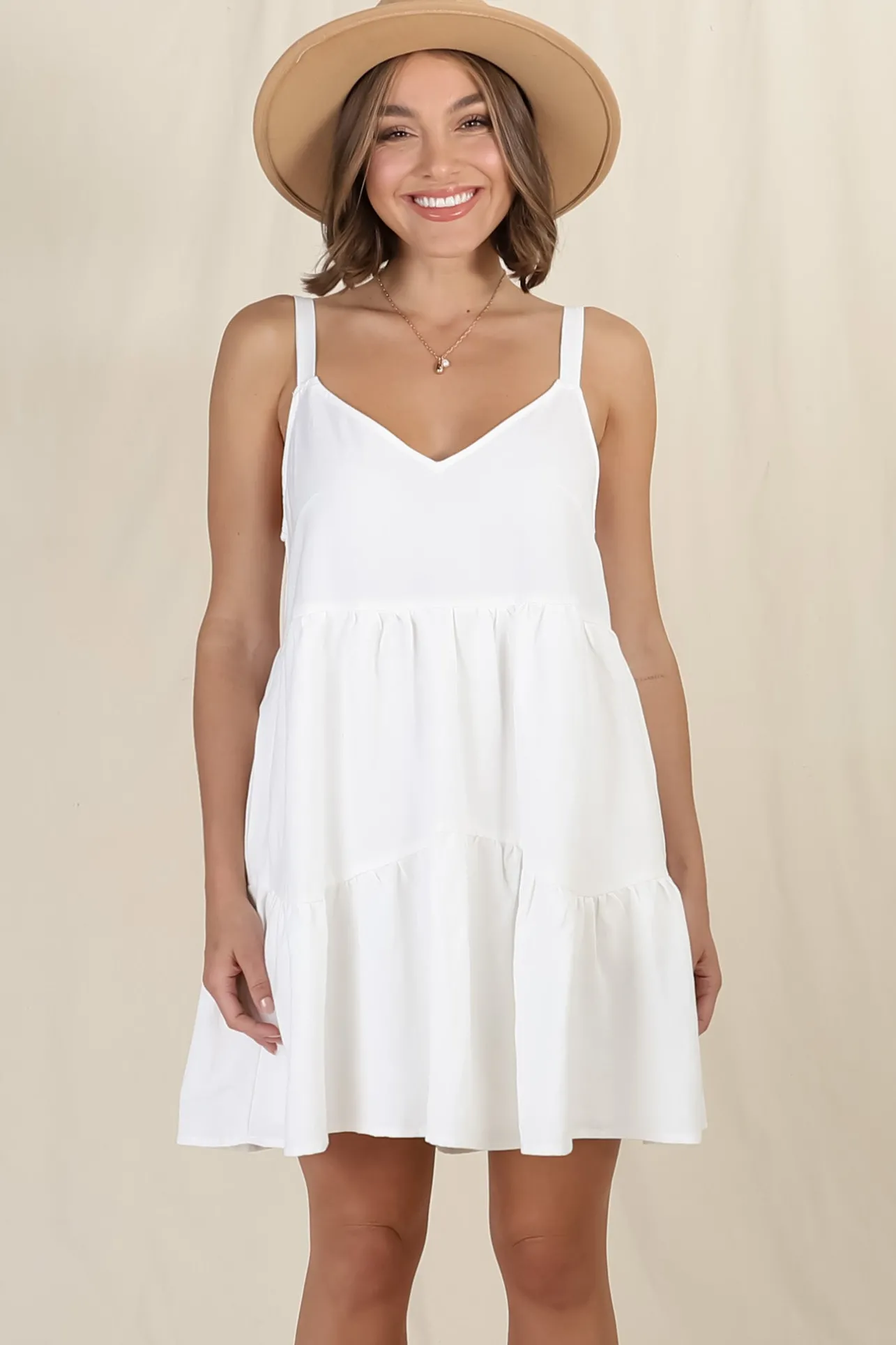 Missy Mini Dress - Thick Adjustable Strap Tiered Sun Dress in White>Salty Crush Best