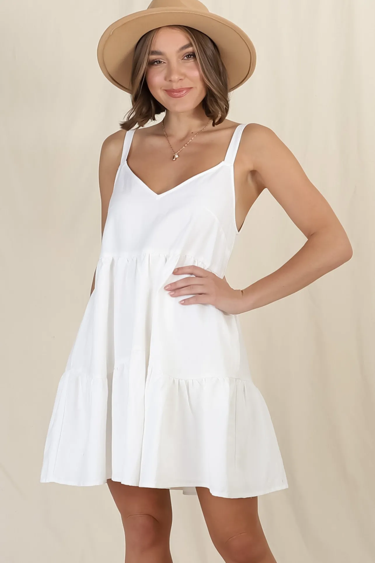 Missy Mini Dress - Thick Adjustable Strap Tiered Sun Dress in White>Salty Crush Best