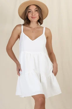 Missy Mini Dress - Thick Adjustable Strap Tiered Sun Dress in White><noscript><img width=