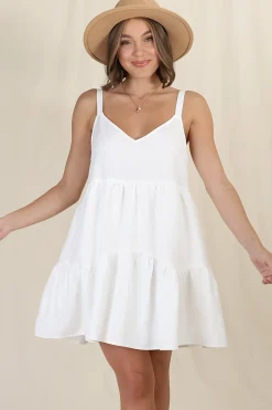 Missy Mini Dress - Thick Adjustable Strap Tiered Sun Dress in White><noscript><img width=