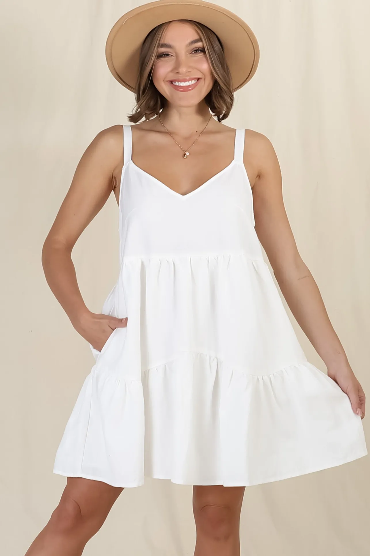 Missy Mini Dress - Thick Adjustable Strap Tiered Sun Dress in White>Salty Crush Best