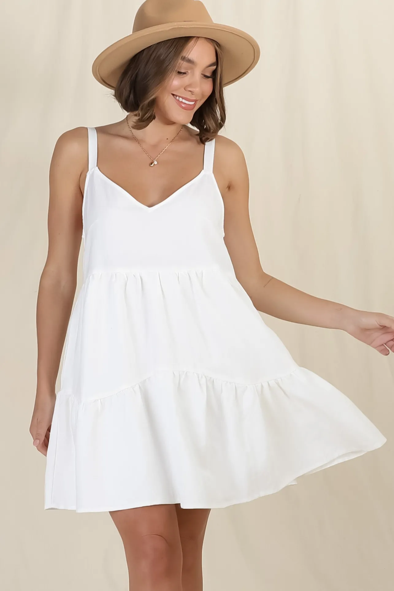 Missy Mini Dress - Thick Adjustable Strap Tiered Sun Dress in White>Salty Crush Best
