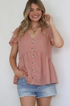 Mitzy Top - Textured Button Down Top with Cap Sleeves in Blush>Salty Crush Sale