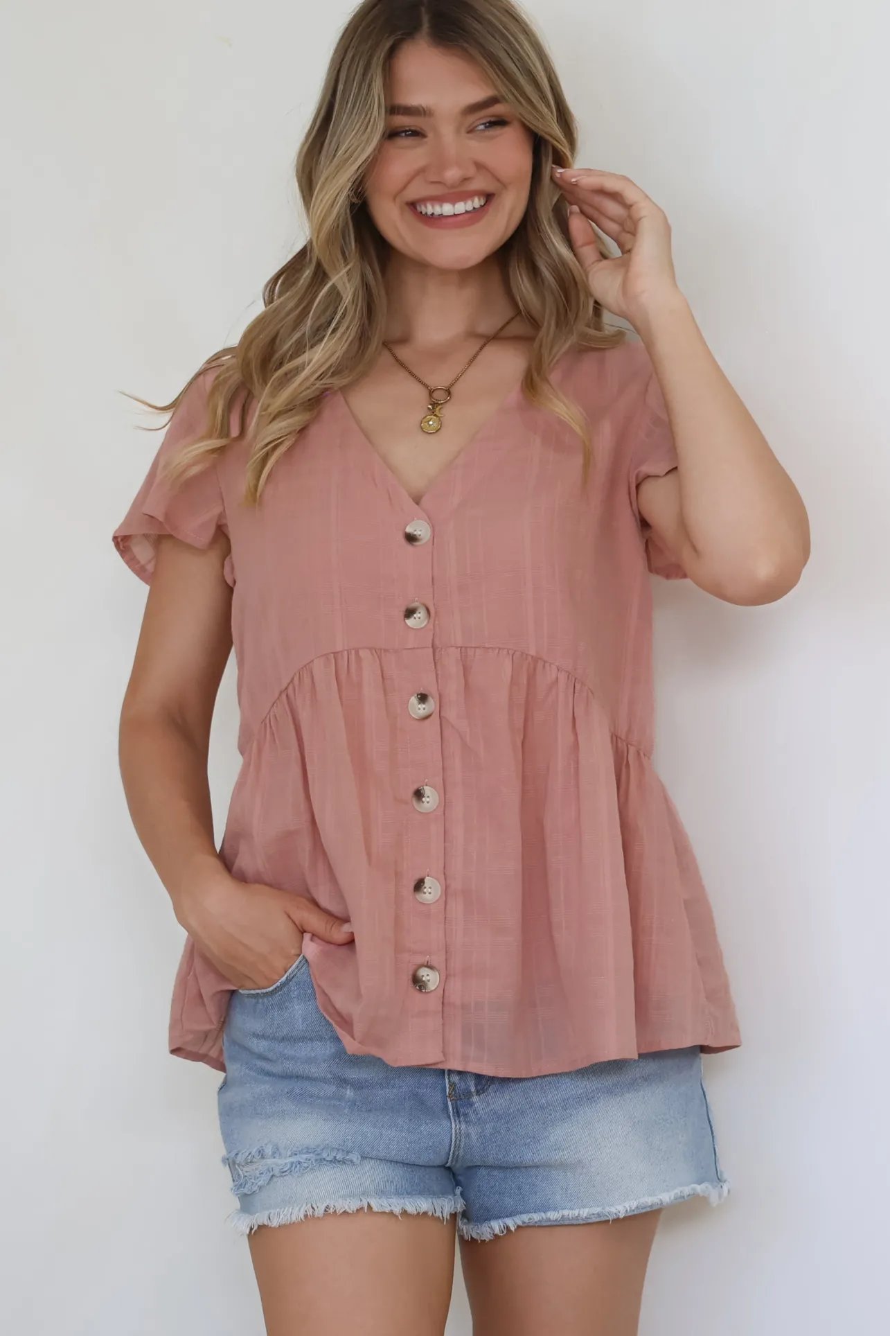 Mitzy Top - Textured Button Down Top with Cap Sleeves in Blush>Salty Crush Sale