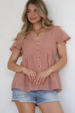 Mitzy Top - Textured Button Down Top with Cap Sleeves in Blush>Salty Crush Sale