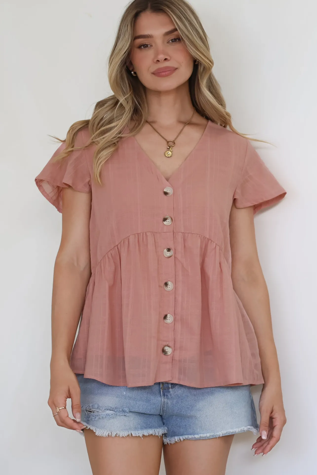 Mitzy Top - Textured Button Down Top with Cap Sleeves in Blush>Salty Crush Sale