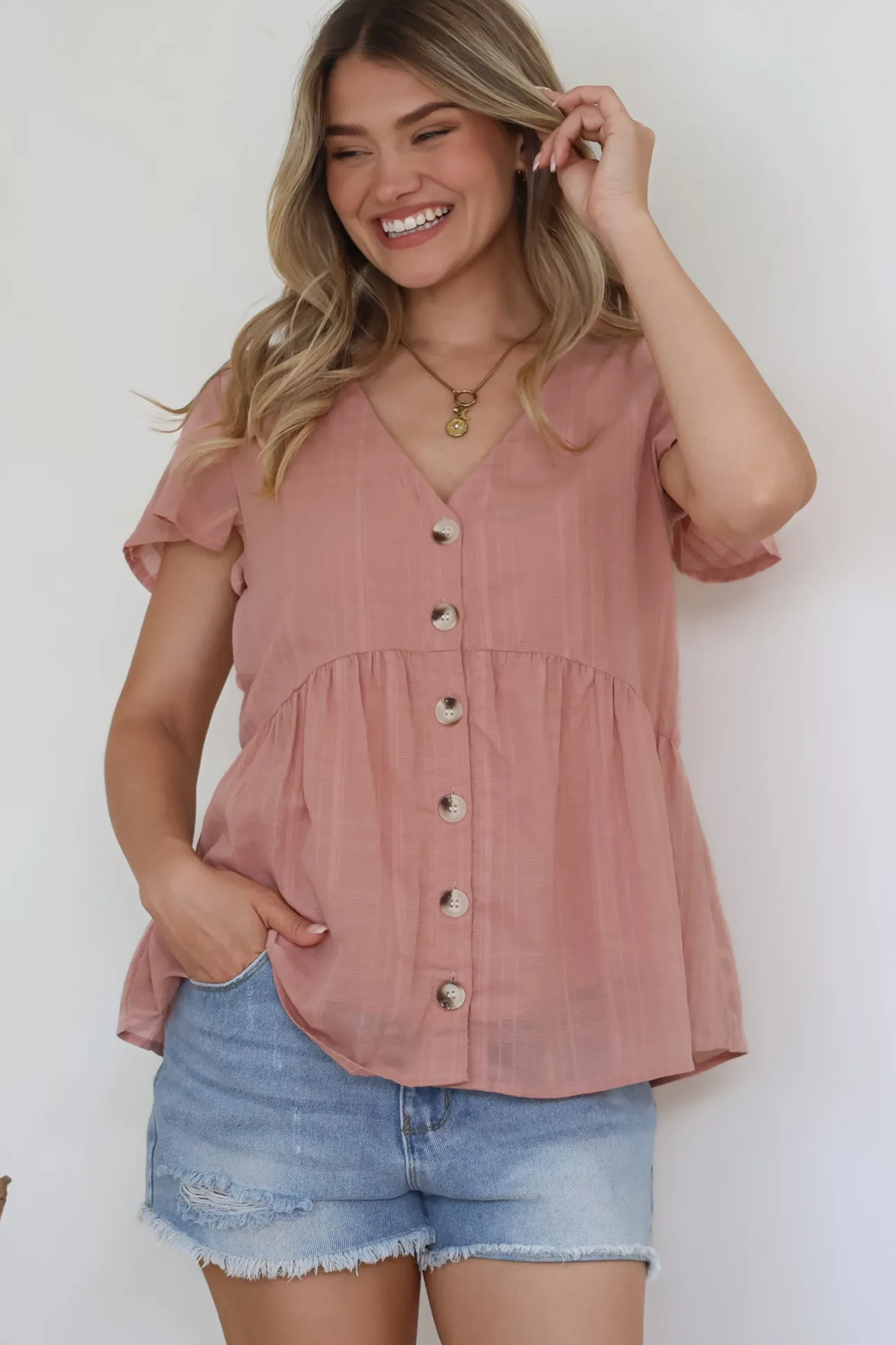 Mitzy Top - Textured Button Down Top with Cap Sleeves in Blush>Salty Crush Sale