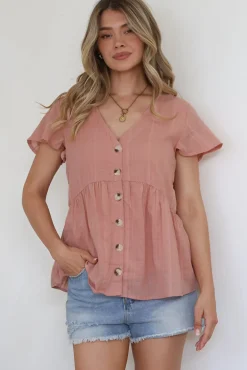Mitzy Top - Textured Button Down Top with Cap Sleeves in Blush><noscript><img width=