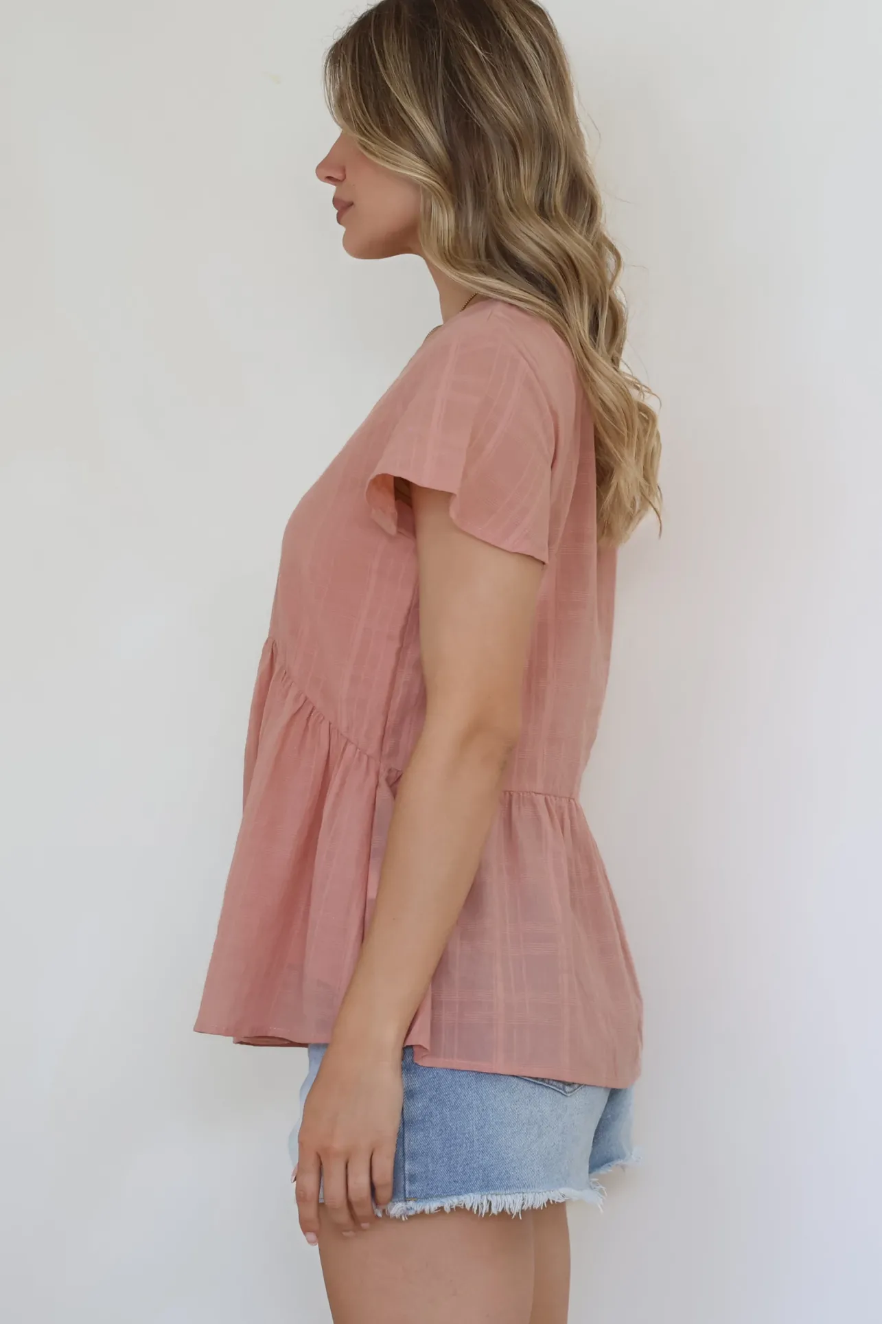 Mitzy Top - Textured Button Down Top with Cap Sleeves in Blush>Salty Crush Sale