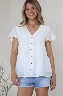 Mitzy Top - Textured Button Down Top with Cap Sleeves in White>Salty Crush Best