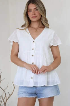 Mitzy Top - Textured Button Down Top with Cap Sleeves in White><noscript><img width=