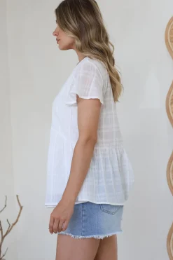 Mitzy Top - Textured Button Down Top with Cap Sleeves in White><noscript><img width=