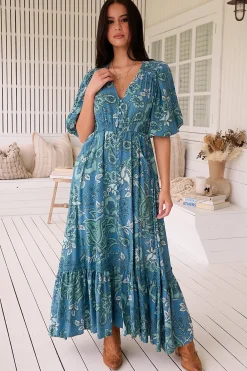 Molli Maxi Dress - Button Down A-Line Dress with Tied Sleeves in Serenade Print>Jaase Clearance