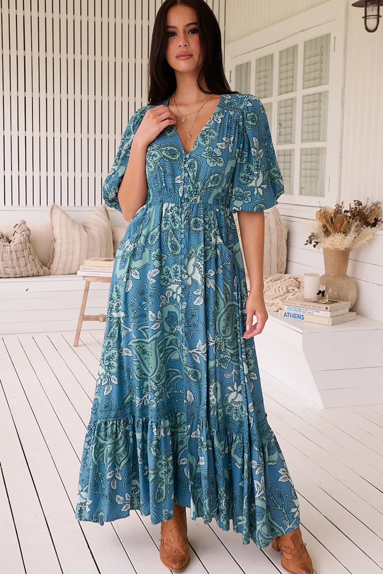 Molli Maxi Dress - Button Down A-Line Dress with Tied Sleeves in Serenade Print>Jaase Clearance