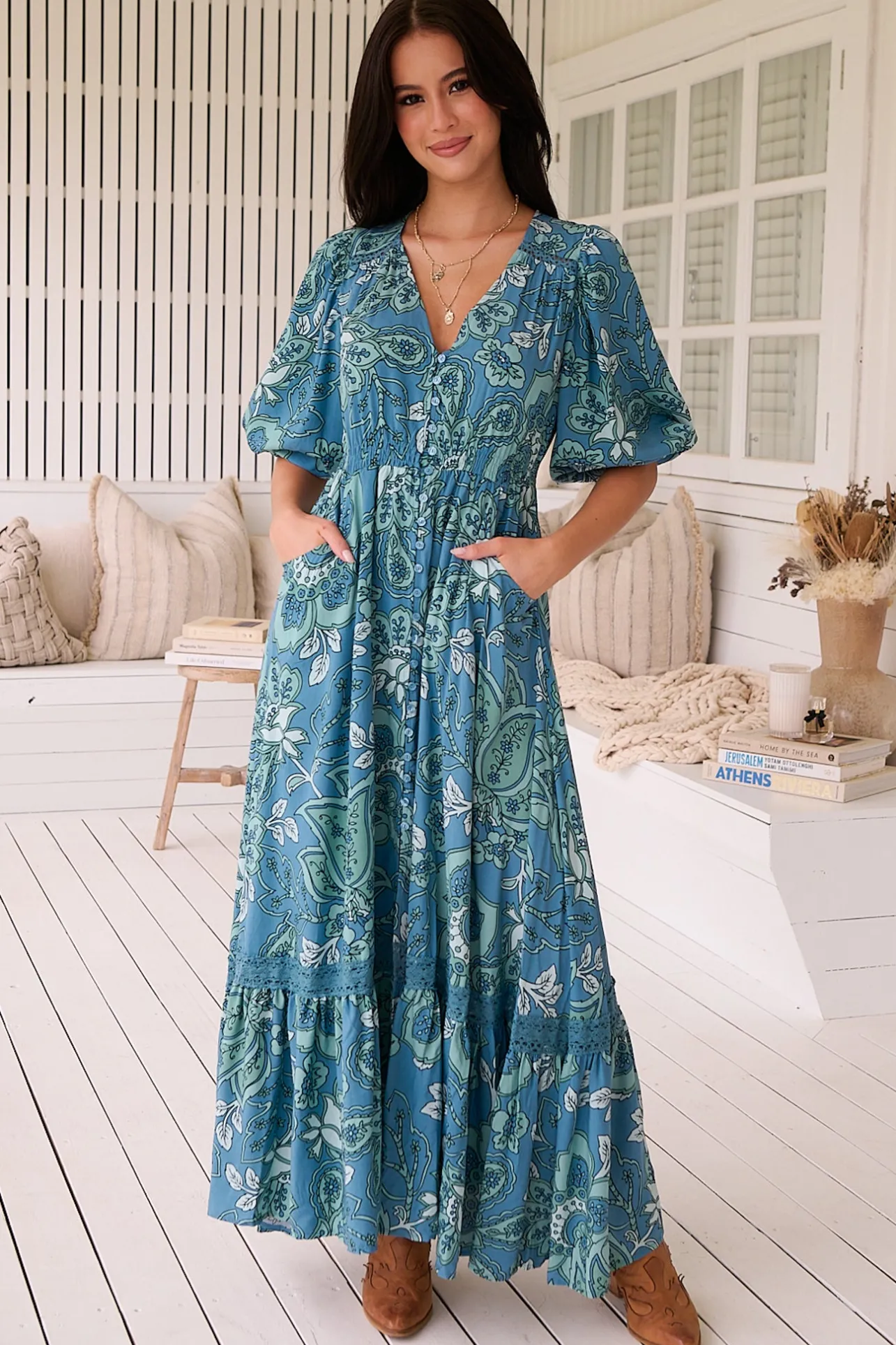 Molli Maxi Dress - Button Down A-Line Dress with Tied Sleeves in Serenade Print>Jaase Clearance