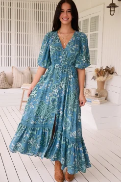 Molli Maxi Dress - Button Down A-Line Dress with Tied Sleeves in Serenade Print><noscript><img width=