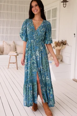 Molli Maxi Dress - Button Down A-Line Dress with Tied Sleeves in Serenade Print><noscript><img width=