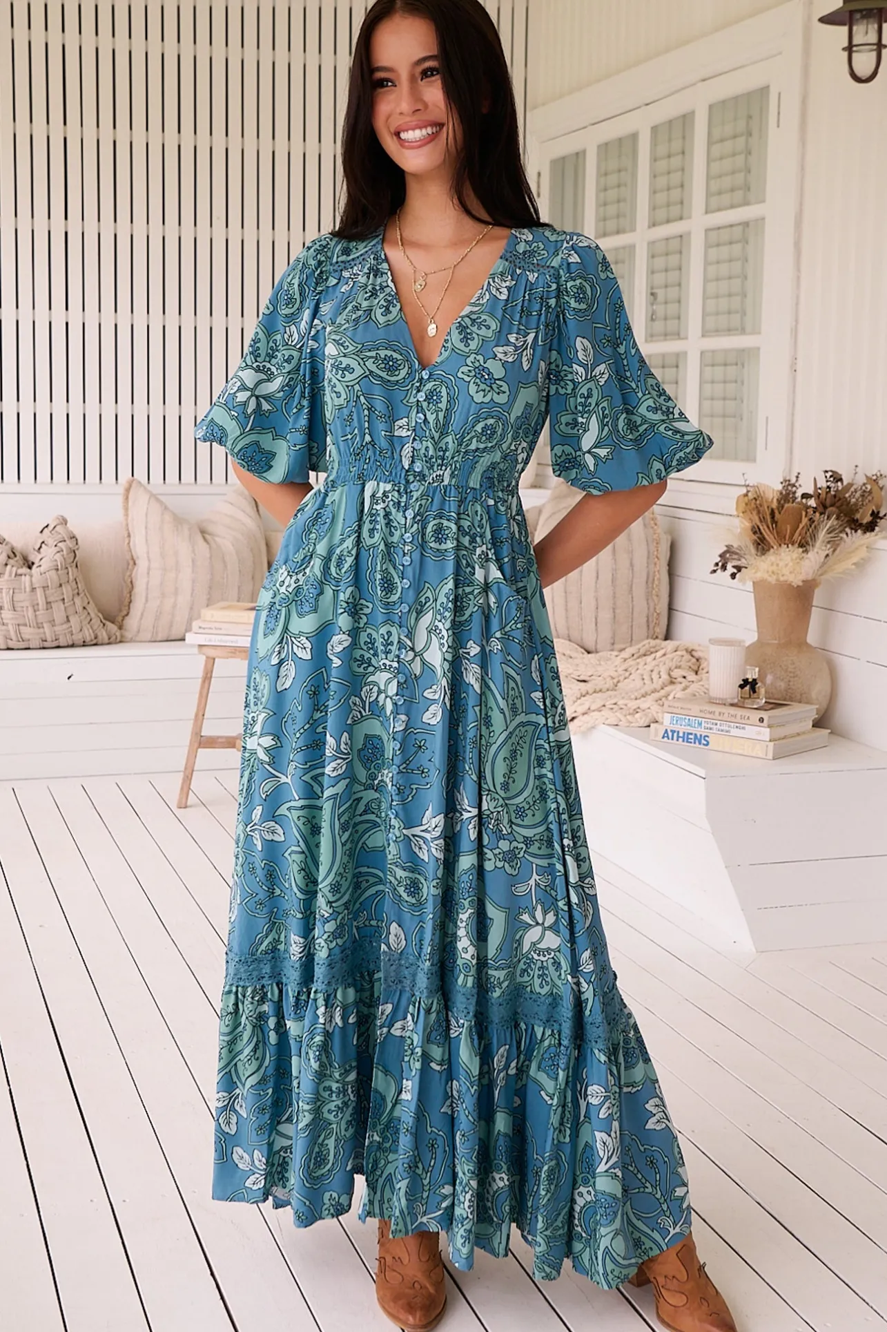 Molli Maxi Dress - Button Down A-Line Dress with Tied Sleeves in Serenade Print>Jaase Clearance