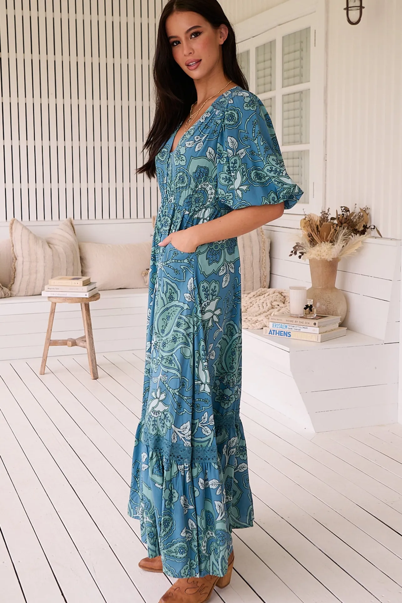 Molli Maxi Dress - Button Down A-Line Dress with Tied Sleeves in Serenade Print>Jaase Clearance