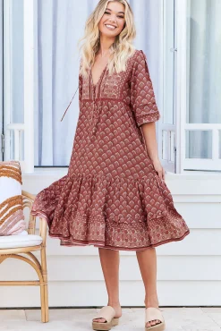 Monday Midi Dress - V Neck Crochet Bustline Smock Dress with Balloon Sleeves in Coral Eden Print>Jaase Online