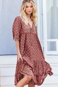 Monday Midi Dress - V Neck Crochet Bustline Smock Dress with Balloon Sleeves in Coral Eden Print><noscript><img width=