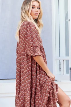 Monday Midi Dress - V Neck Crochet Bustline Smock Dress with Balloon Sleeves in Coral Eden Print><noscript><img width=