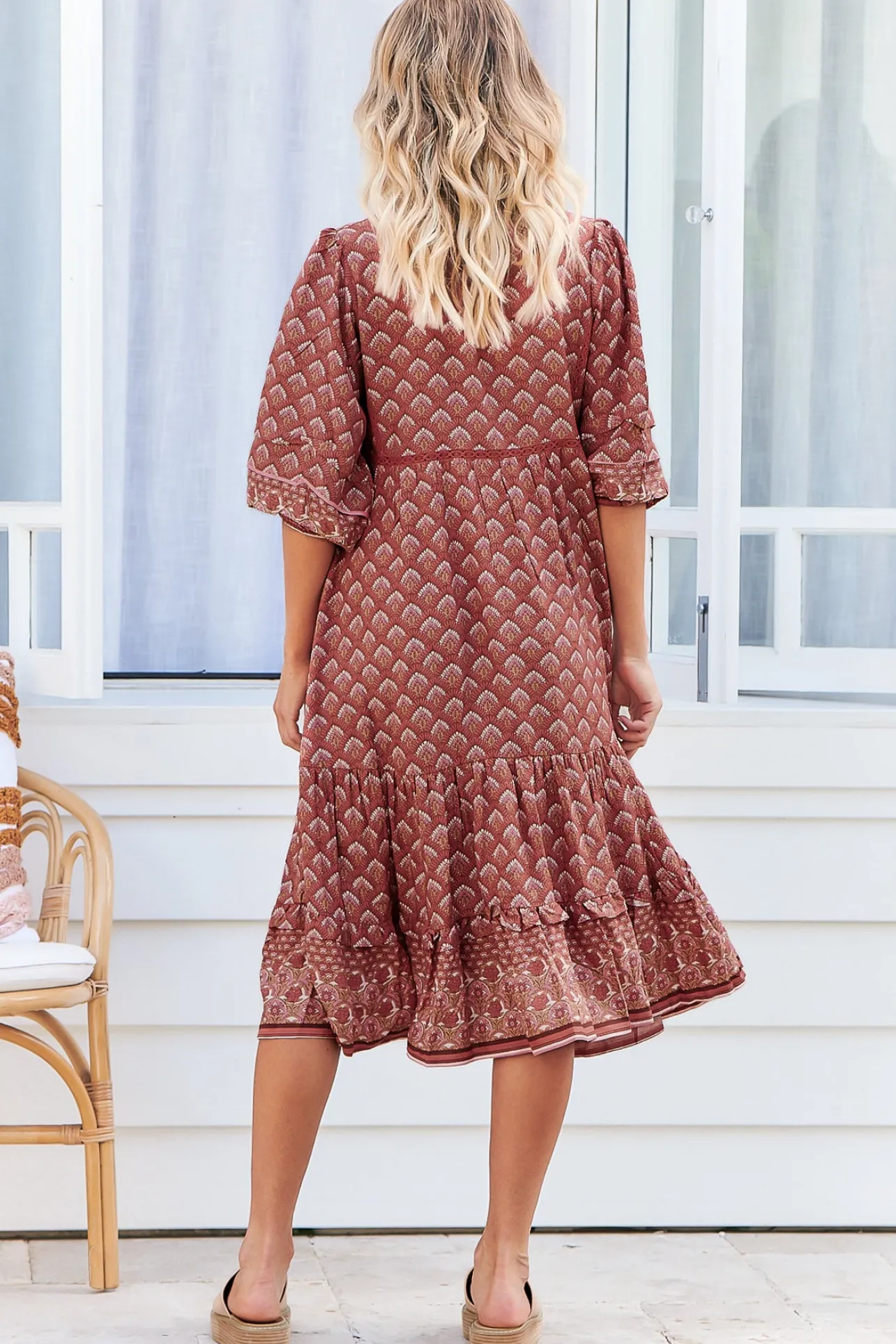 Monday Midi Dress - V Neck Crochet Bustline Smock Dress with Balloon Sleeves in Coral Eden Print>Jaase Online