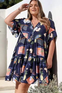 Monique Mini Dress - Mandarin Collar Smock Dress in Kalil Print Navy>Salty Crush