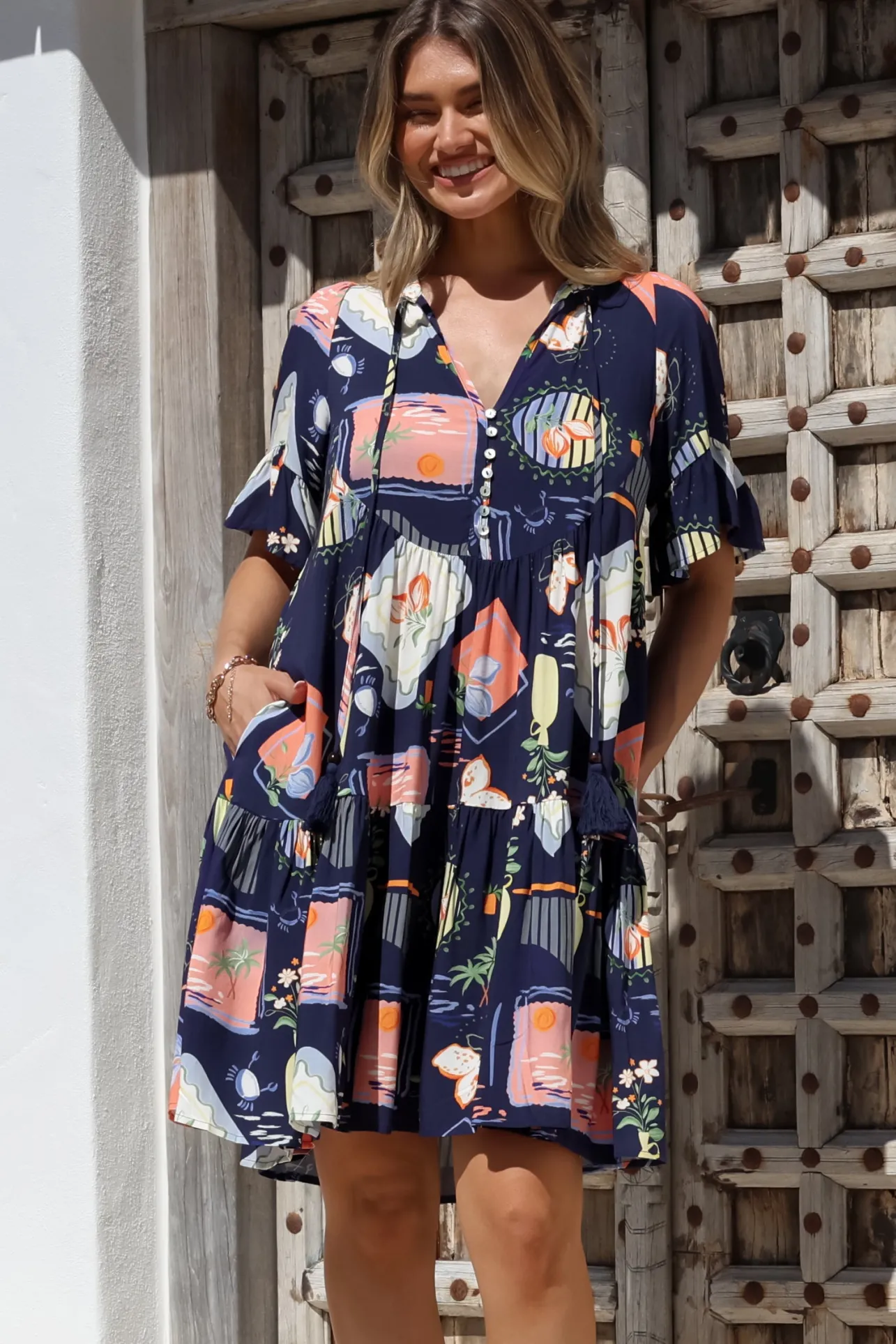 Monique Mini Dress - Mandarin Collar Smock Dress in Kalil Print Navy>Salty Crush