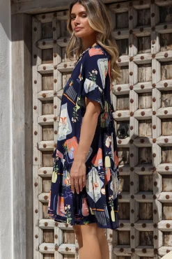 Monique Mini Dress - Mandarin Collar Smock Dress in Kalil Print Navy><noscript><img width=