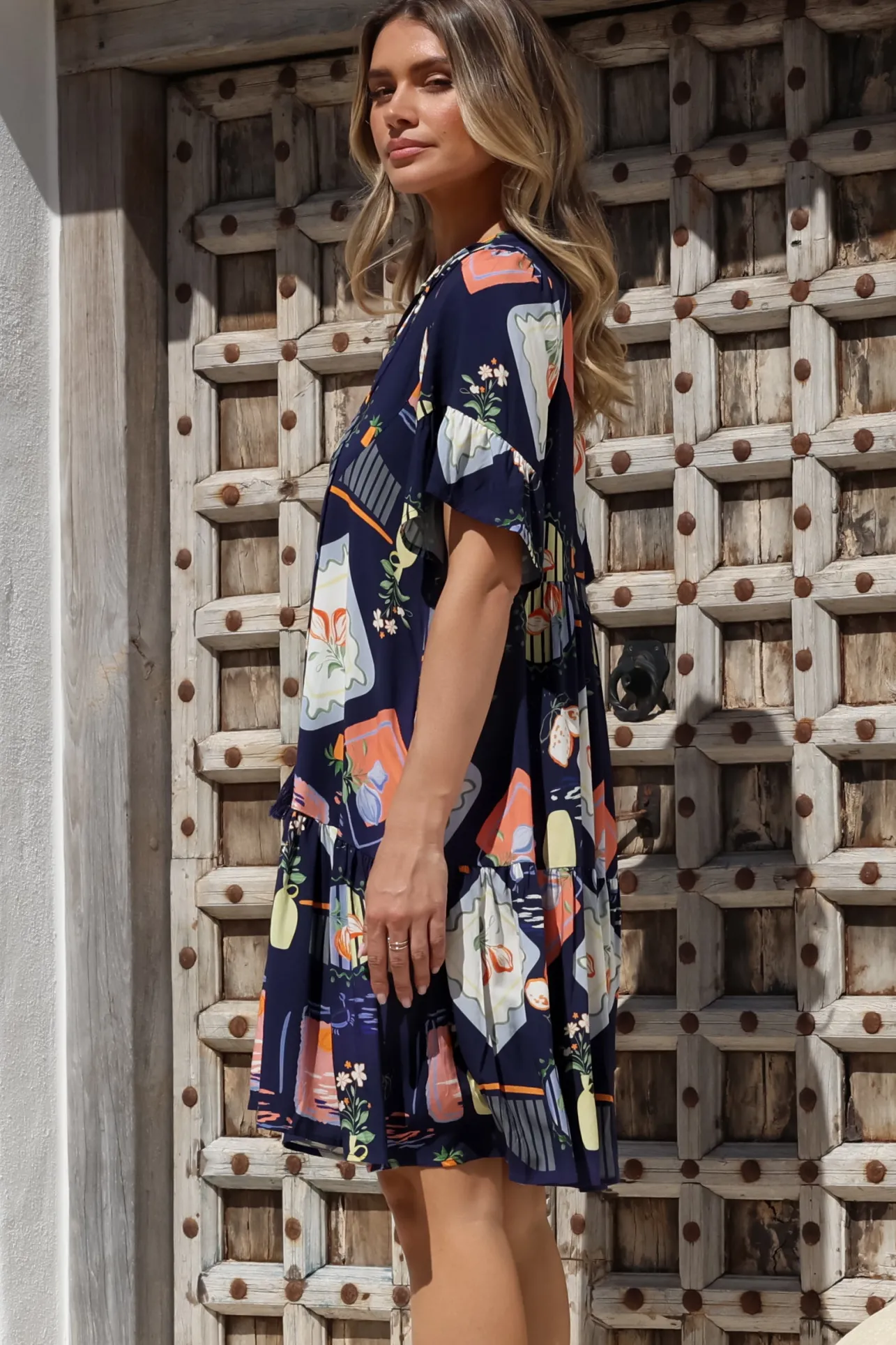 Monique Mini Dress - Mandarin Collar Smock Dress in Kalil Print Navy>Salty Crush