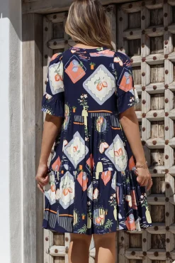 Monique Mini Dress - Mandarin Collar Smock Dress in Kalil Print Navy><noscript><img width=