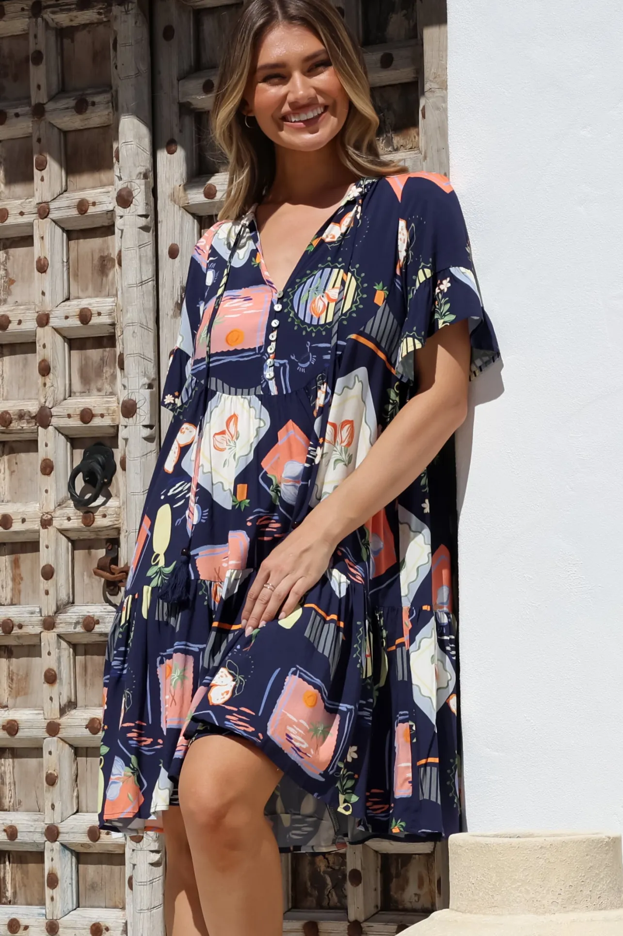 Monique Mini Dress - Mandarin Collar Smock Dress in Kalil Print Navy>Salty Crush