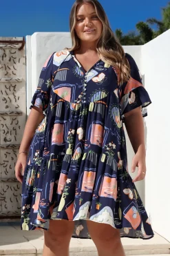 Monique Mini Dress - Mandarin Collar Smock Dress in Kalil Print Navy><noscript><img width=