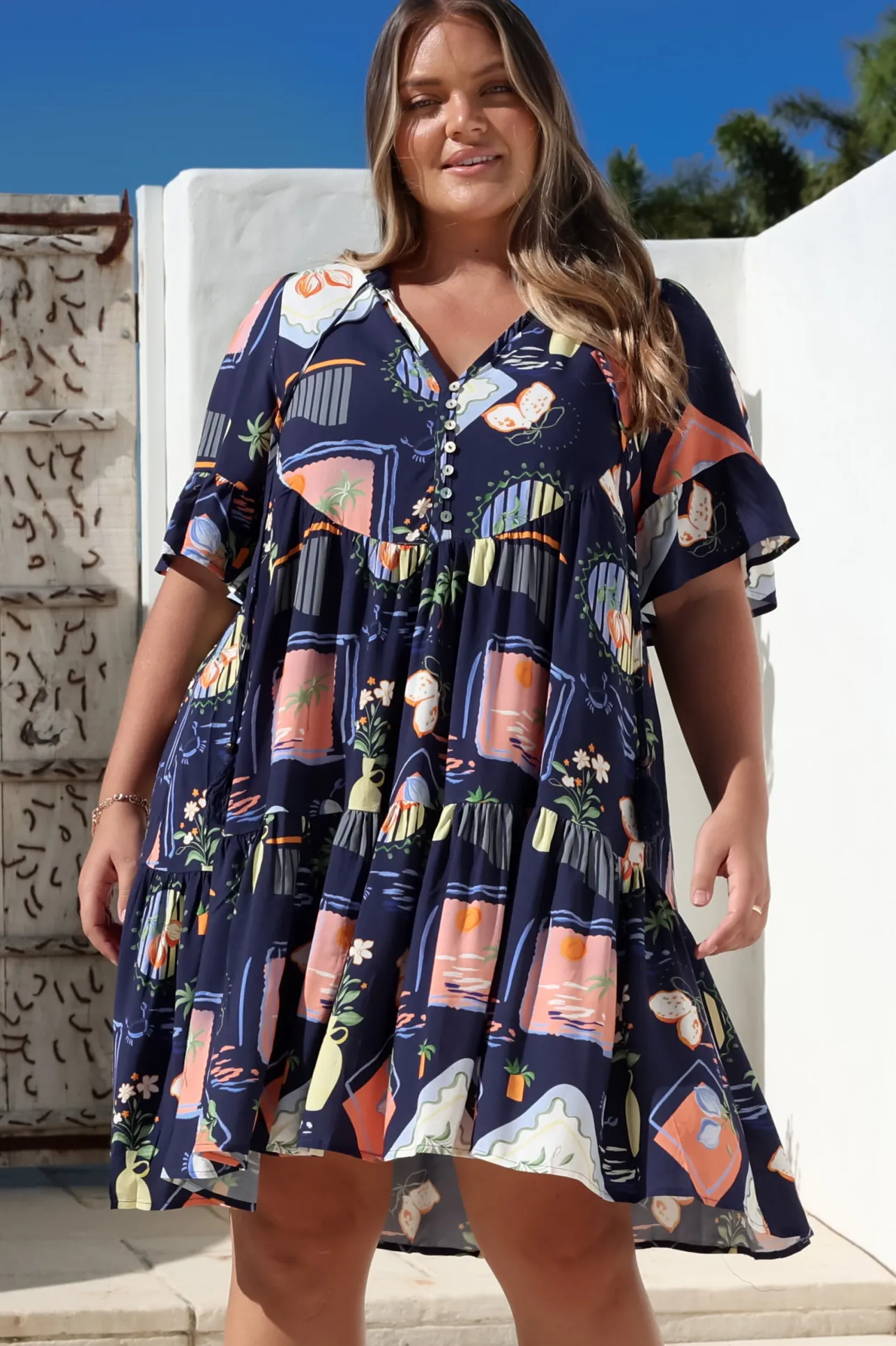 Monique Mini Dress - Mandarin Collar Smock Dress in Kalil Print Navy>Salty Crush