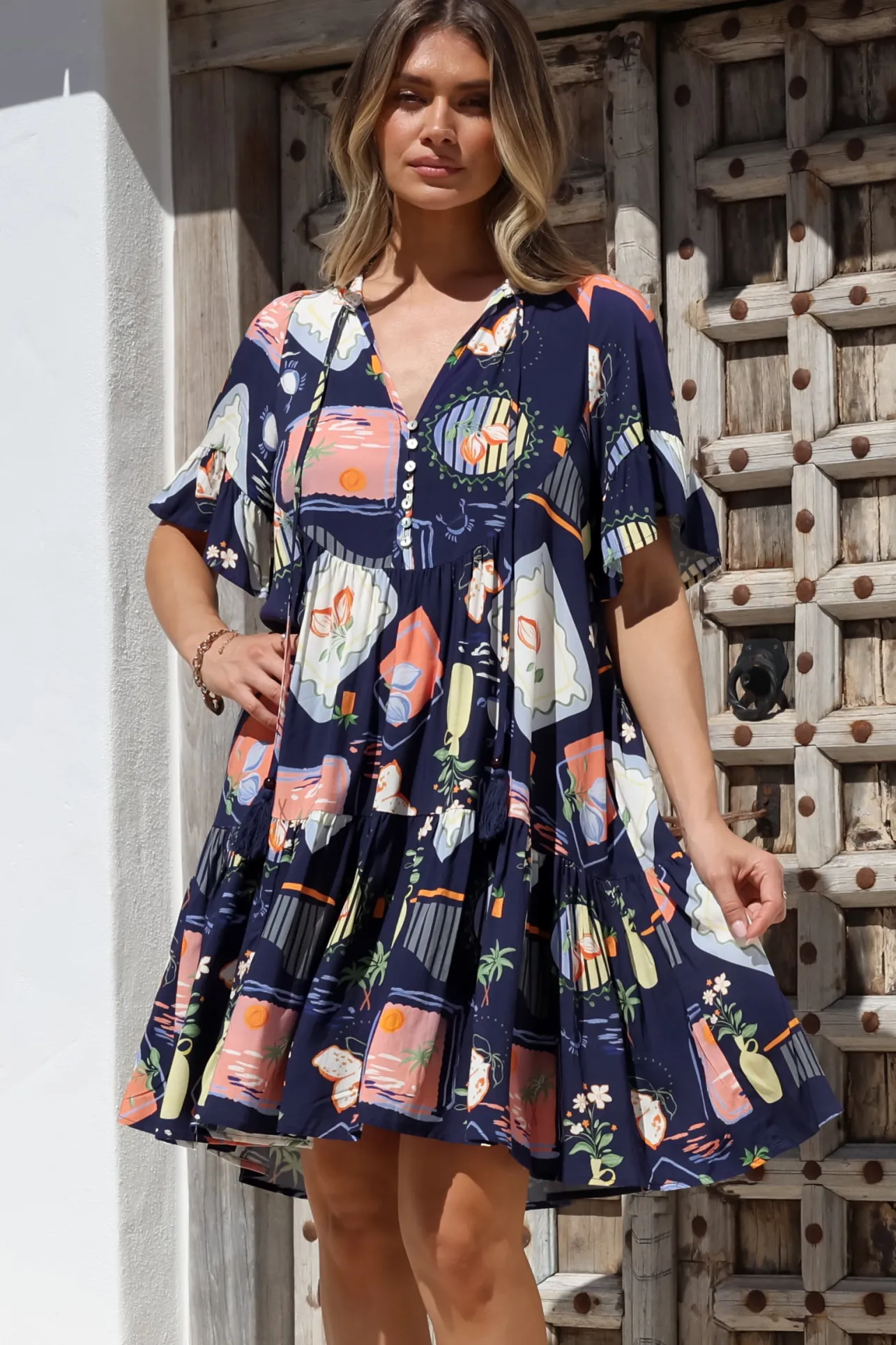 Monique Mini Dress - Mandarin Collar Smock Dress in Kalil Print Navy>Salty Crush