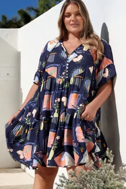 Monique Mini Dress - Mandarin Collar Smock Dress in Kalil Print Navy><noscript><img width=