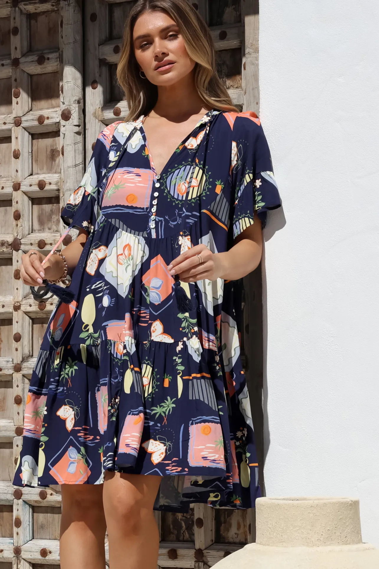 Monique Mini Dress - Mandarin Collar Smock Dress in Kalil Print Navy>Salty Crush