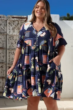 Monique Mini Dress - Mandarin Collar Smock Dress in Kalil Print Navy><noscript><img width=