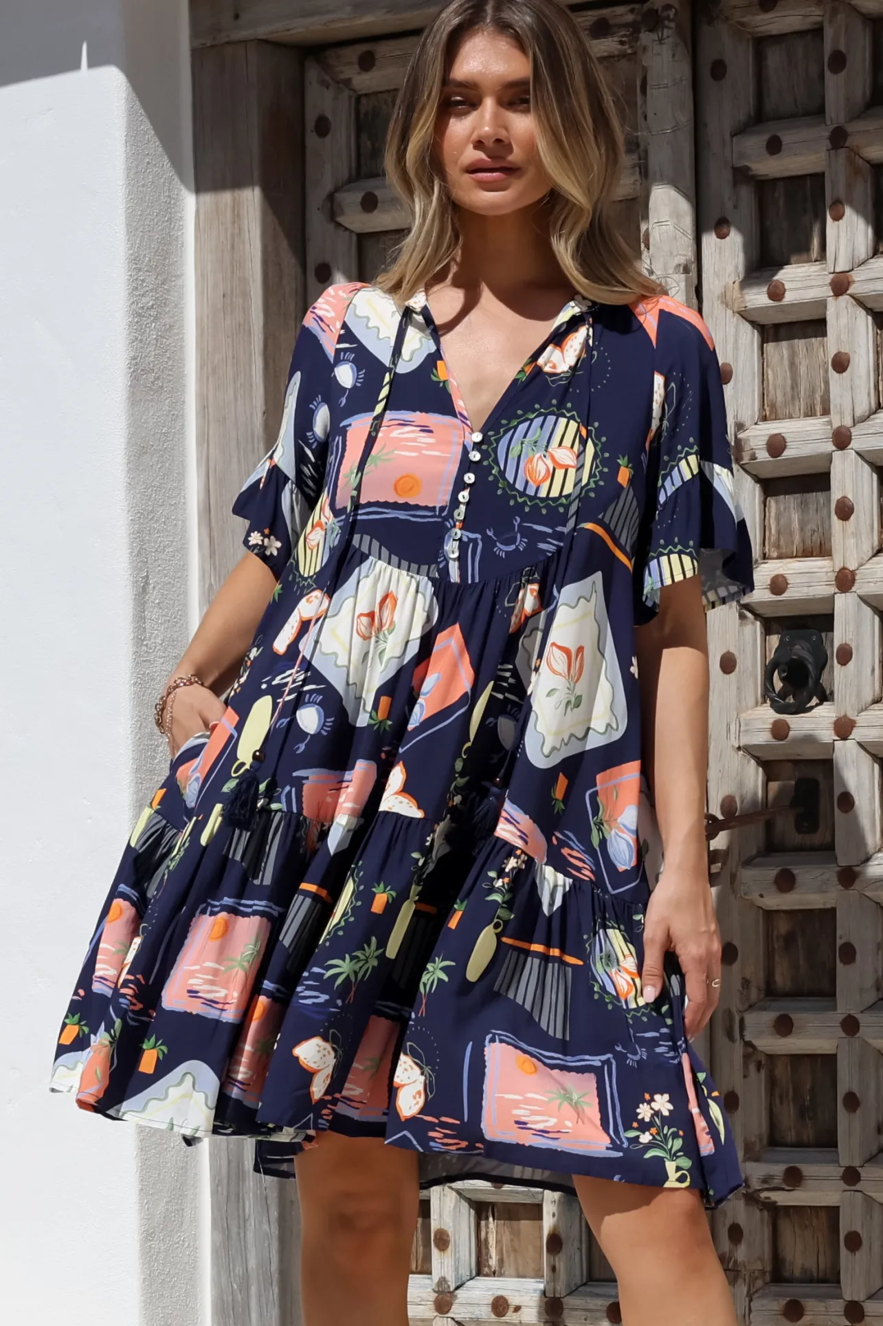 Monique Mini Dress - Mandarin Collar Smock Dress in Kalil Print Navy>Salty Crush