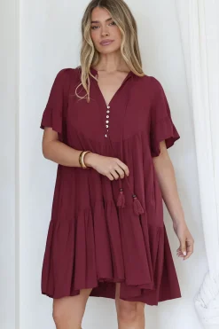 Monique Mini Dress - Mandarin Collar Smock Dress in Wine>Salty Crush Outlet