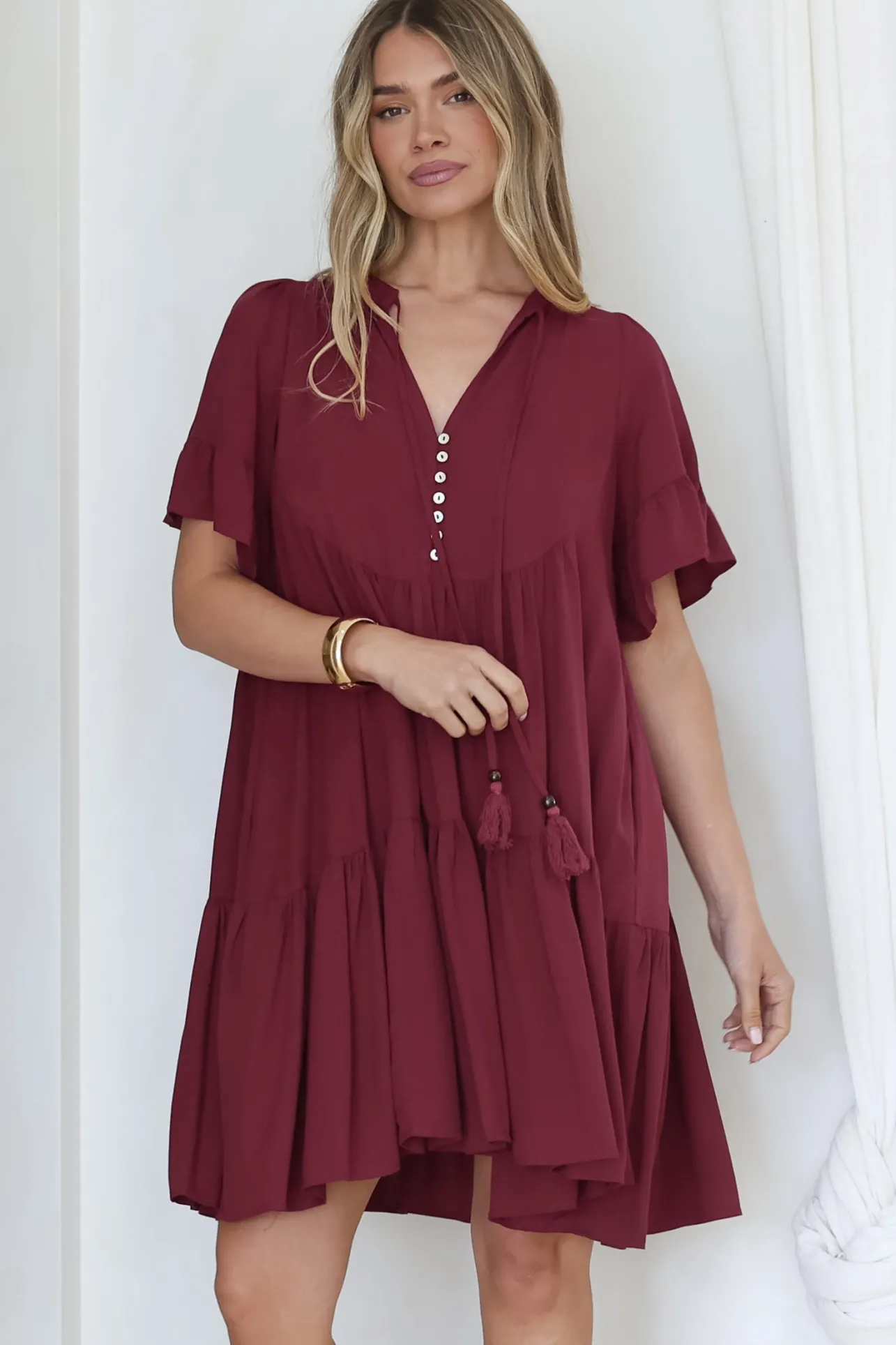 Monique Mini Dress - Mandarin Collar Smock Dress in Wine>Salty Crush Outlet