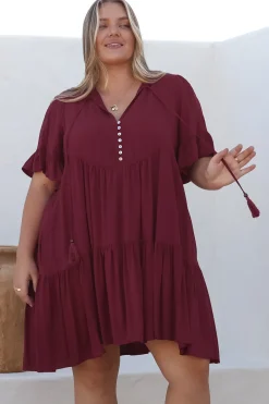 Monique Mini Dress - Mandarin Collar Smock Dress in Wine>Salty Crush Outlet