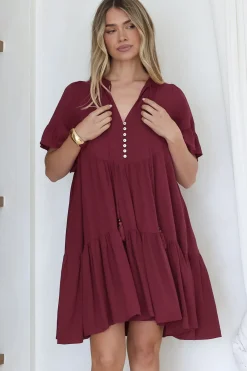 Monique Mini Dress - Mandarin Collar Smock Dress in Wine><noscript><img width=