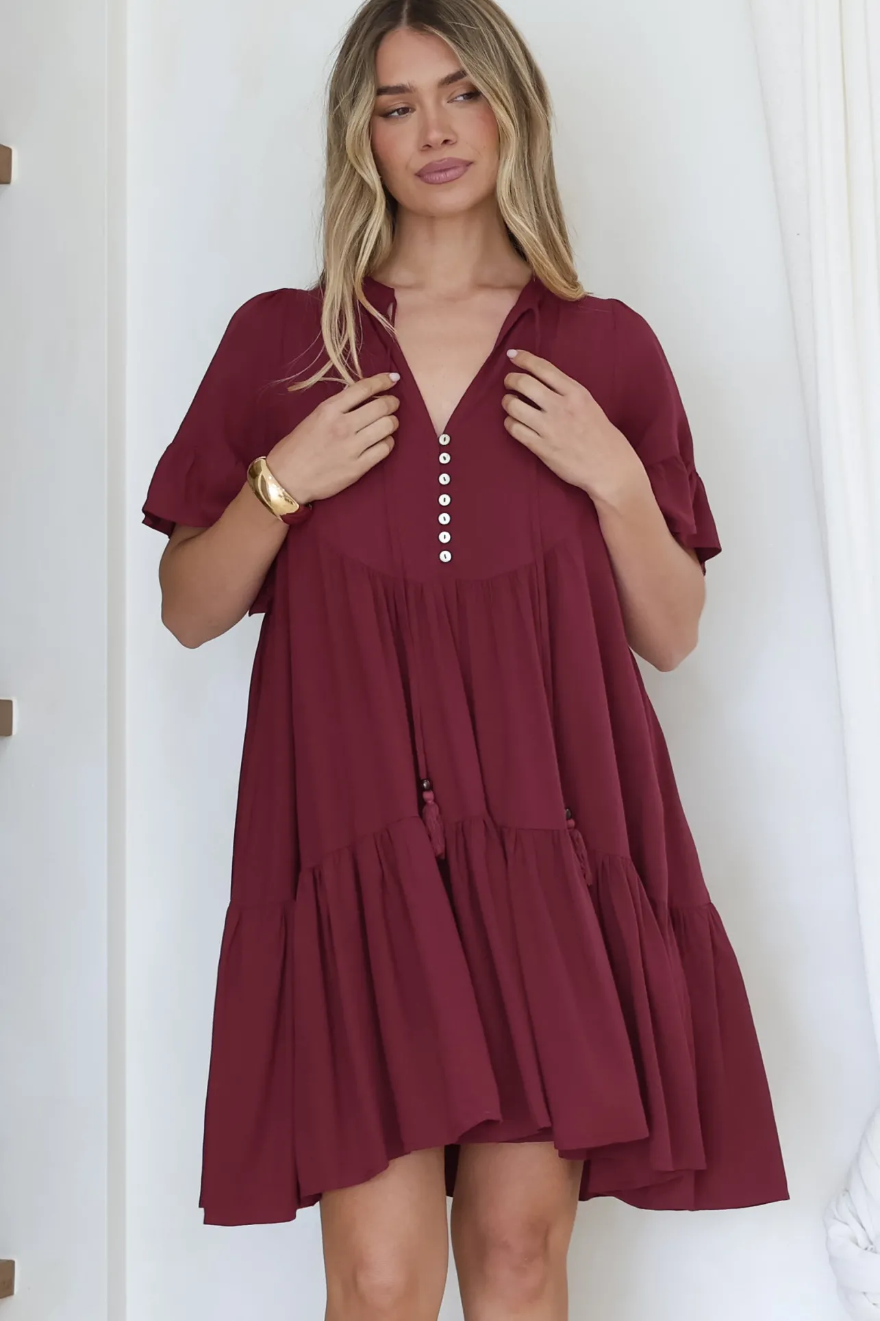 Monique Mini Dress - Mandarin Collar Smock Dress in Wine>Salty Crush Outlet