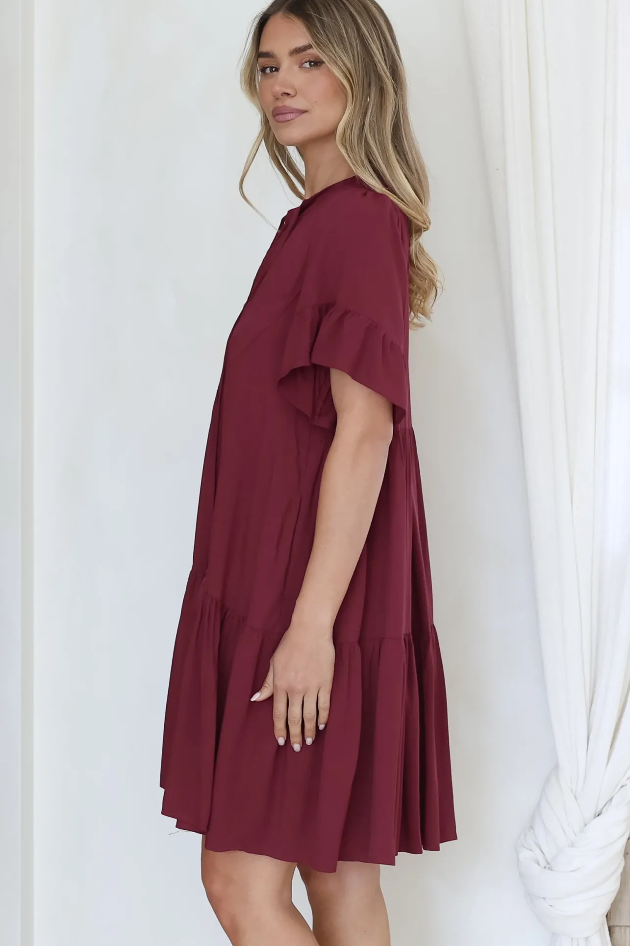 Monique Mini Dress - Mandarin Collar Smock Dress in Wine>Salty Crush Outlet