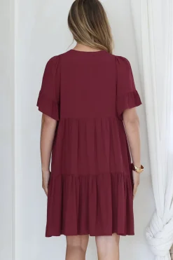 Monique Mini Dress - Mandarin Collar Smock Dress in Wine><noscript><img width=