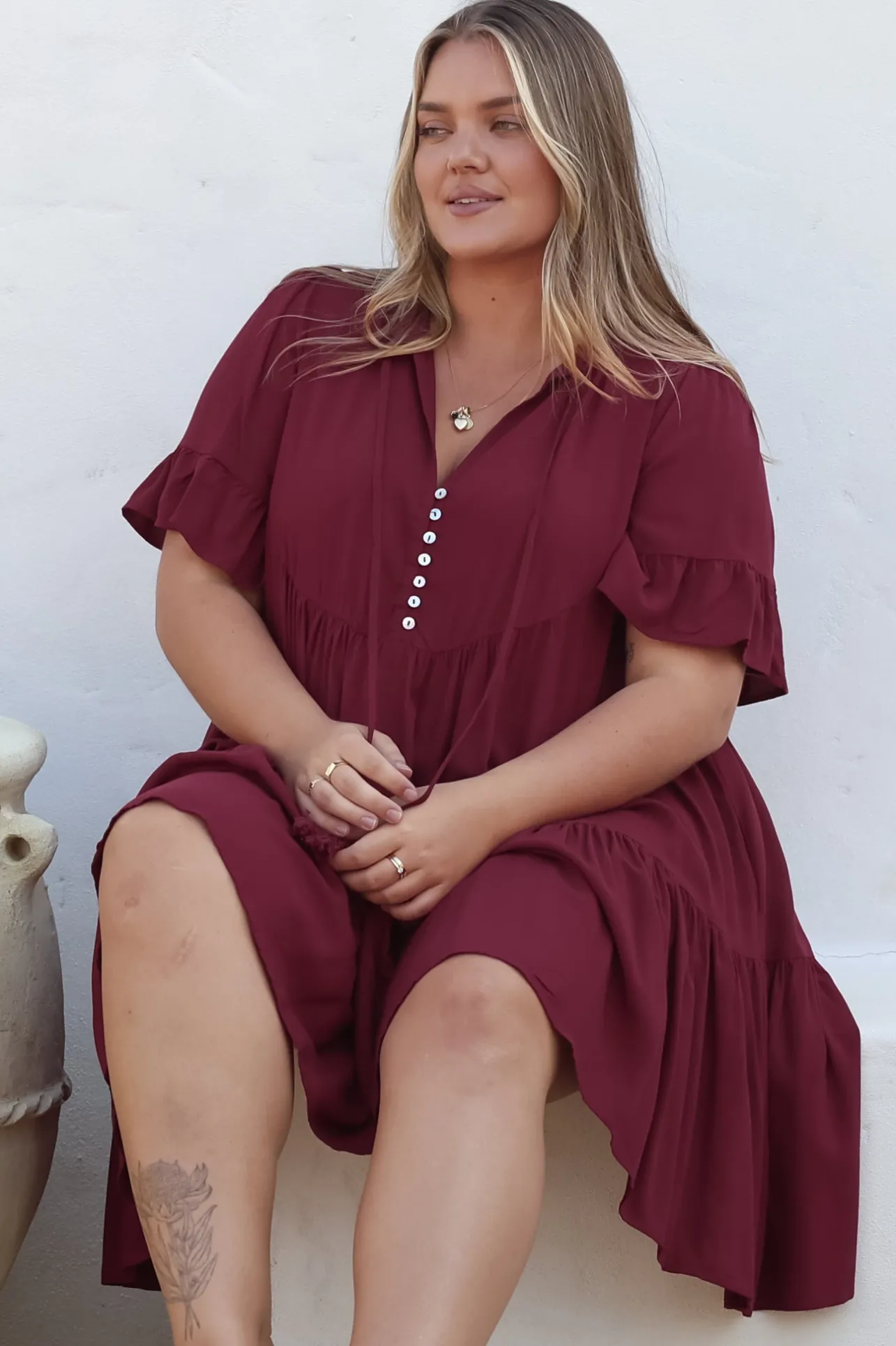 Monique Mini Dress - Mandarin Collar Smock Dress in Wine>Salty Crush Outlet
