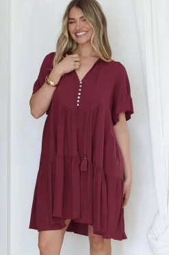 Monique Mini Dress - Mandarin Collar Smock Dress in Wine><noscript><img width=