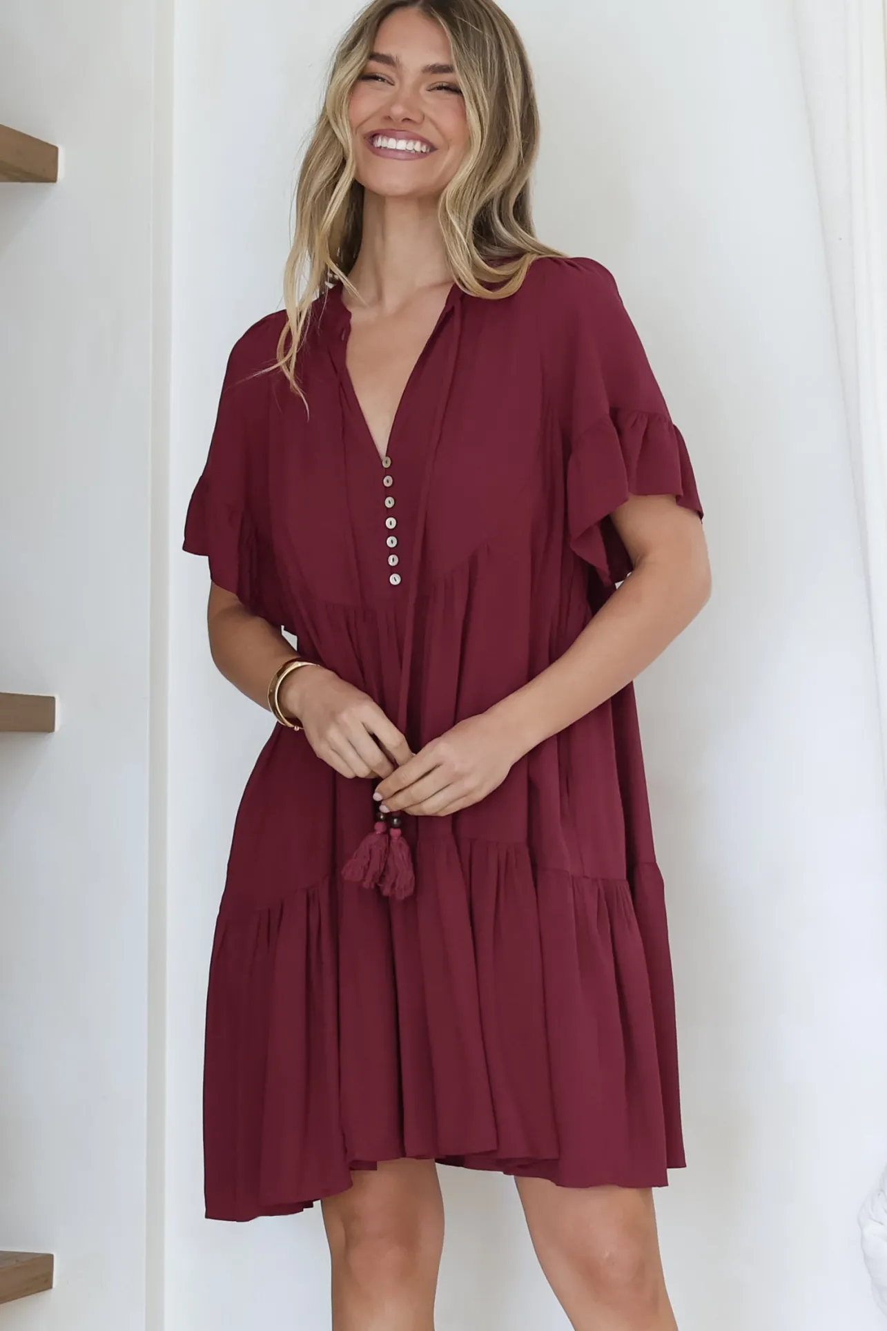 Monique Mini Dress - Mandarin Collar Smock Dress in Wine>Salty Crush Outlet
